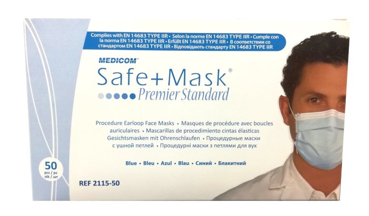 Процедурные маски MEDICOM на завязках Safe + Mask Premier Standart Blue Синие, 50шт/уп