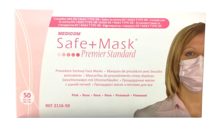 Процедурные маски MEDICOM на завязках Safe + Mask Premier Standart Pink Розовые, 50шт/уп