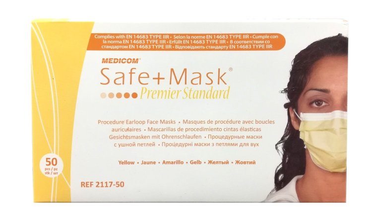 Процедурные маски MEDICOM на завязках Safe + Mask Premier Standart Yellow Желтые, 50шт/уп