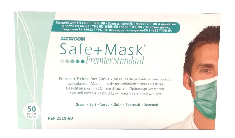 Процедурные маски MEDICOM на завязках Safe + Mask Premier Standart Green Зеленые, 50шт/уп