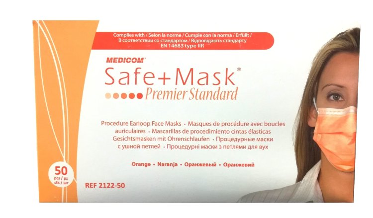 Процедурные маски MEDICOM на завязках Safe + Mask Premier Standart Orange Оранжевые, 50шт/уп
