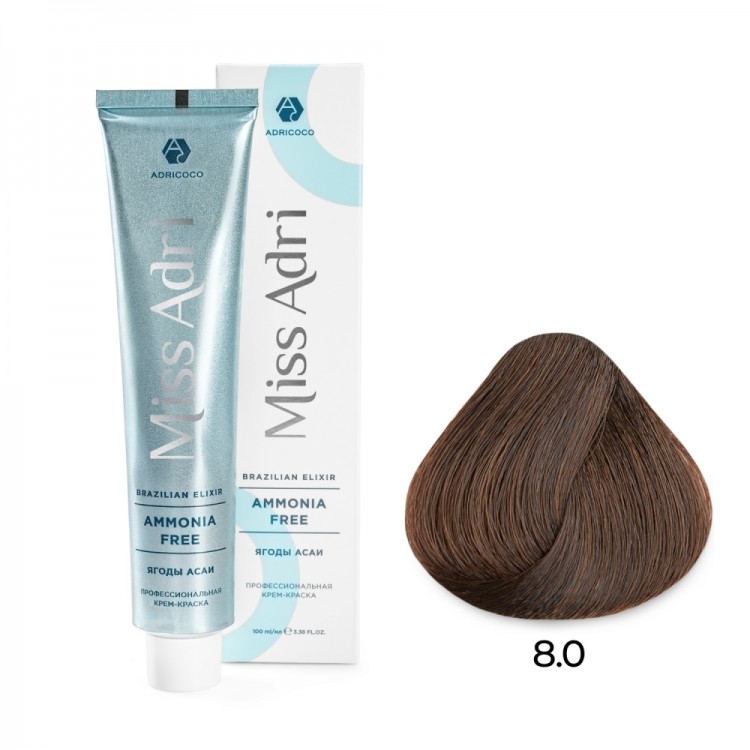 Крем - краска для волос 8.0 ADRICOCO Miss Adri Brazilian Elixir Ammonia free светлый блонд, 100мл