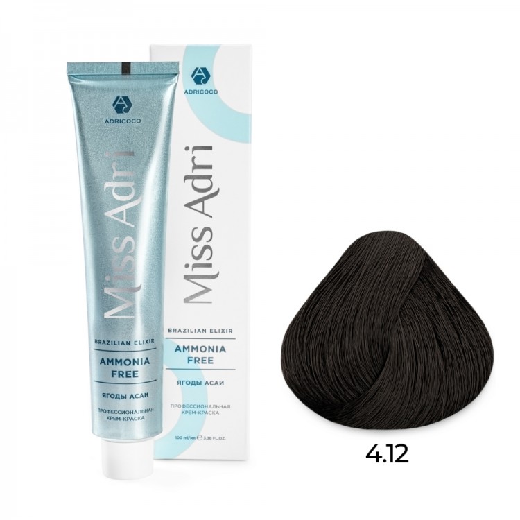 Крем - краска для волос 4.12 ADRICOCO Miss Adri Brazilian Elixir Ammonia free коричневый пепельный перламутровый, 100мл