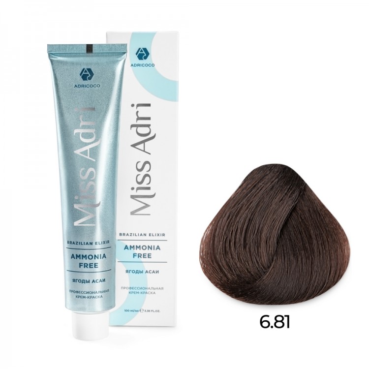 Крем - краска для волос 6.81 ADRICOCO Miss Adri Brazilian Elixir Ammonia free темный блонд капучино пепельный, 100мл