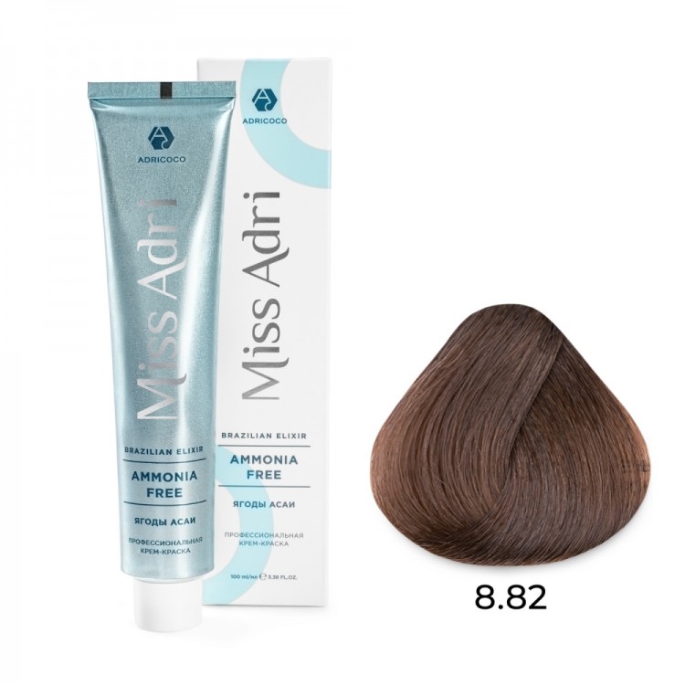 Крем - краска для волос 8.82 ADRICOCO Miss Adri Brazilian Elixir Ammonia free светлый блонд коричневый фиолетовый, 100мл