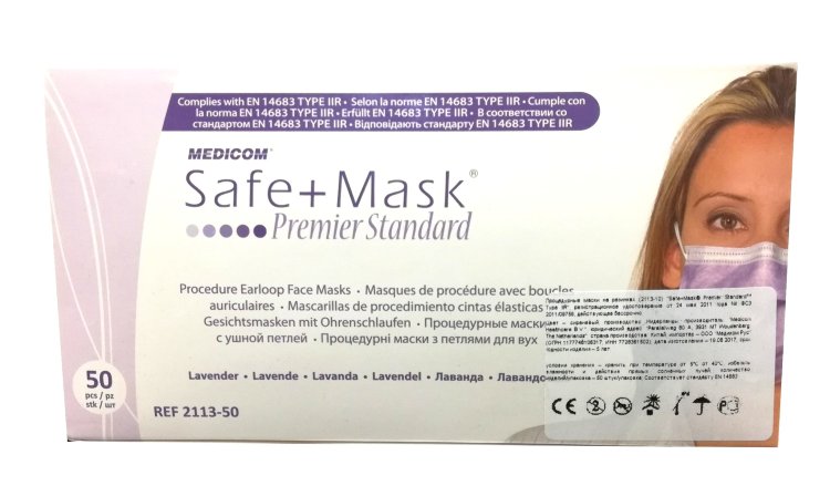 Процедурные маски MEDICOM на завязках Safe + Mask Premier Standart Lavender Лаванда, 50шт/уп