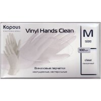 Виниловые перчатки Kapous Vinyl Hands Clean неопудренные нестерильные M прозрачные, 100шт/уп